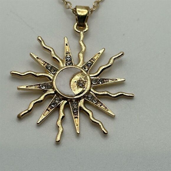 Gold Tone Sun and Moon Celestial Pendant Necklace 18" Adjustable - Picture 5 of 9